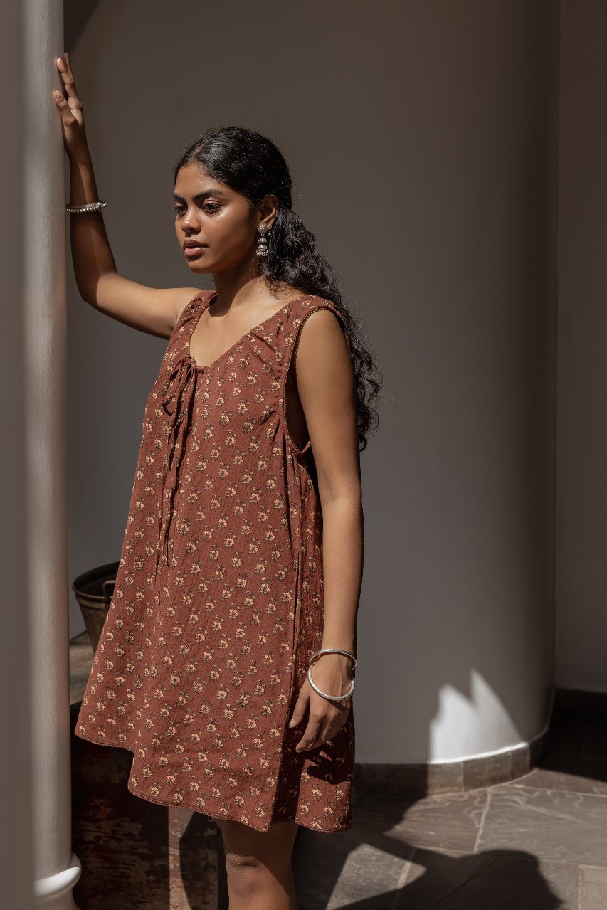 Sundress Mini Almond — outdoor scenic portrait, natural landscape backdrop, mini sundress hemline, almond cotton block print dress, ethical Indian fashion | Daughters of India