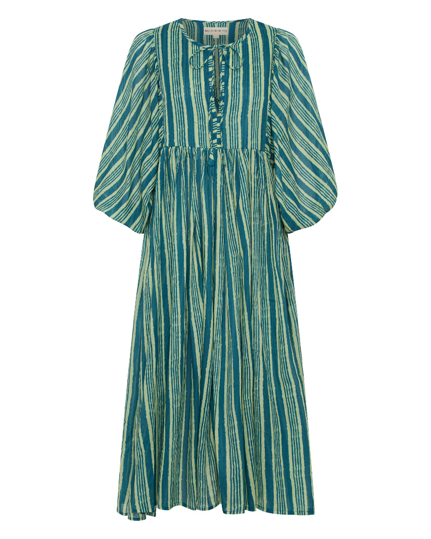 Flat lay of the Daughters of India Kyra Midi Dress in Spearmint showing the full green and white striped midi-length silhouette with billowed sleeves and button neckline