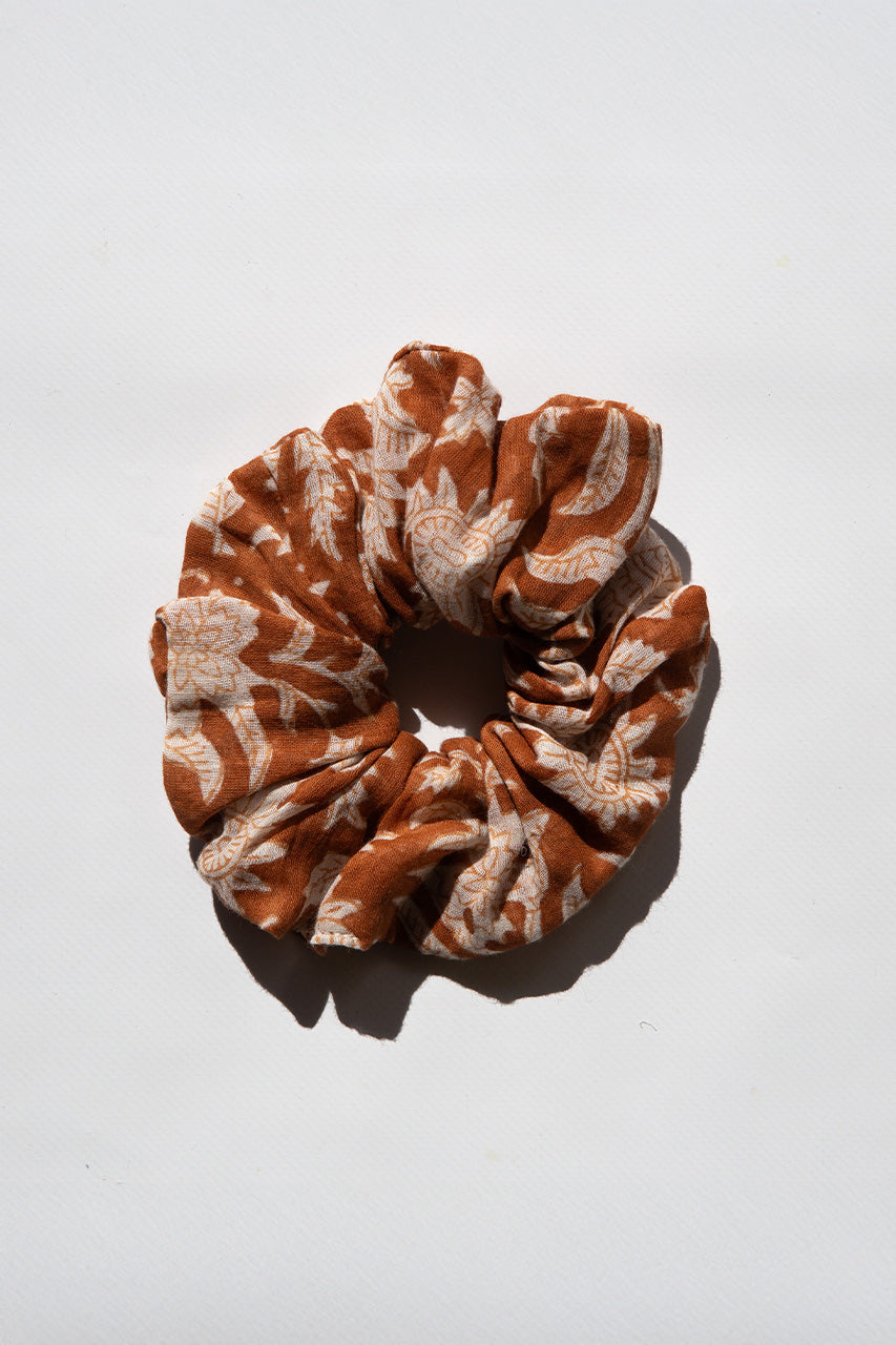 Daughters of India Upcycled Scrunchie in Caramel, a warm brown hair scrunchie made from upcycled cotton fabric