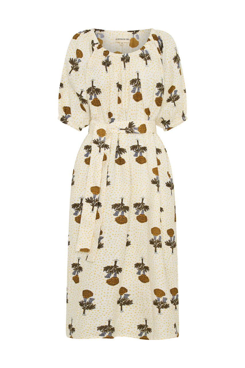 Dahlia Maxi Dress Marigold — flat lay ghost on white, white linen with golden marigold botanical block print, tie waist detail, hand-printed in Jaipur | Daughters of India