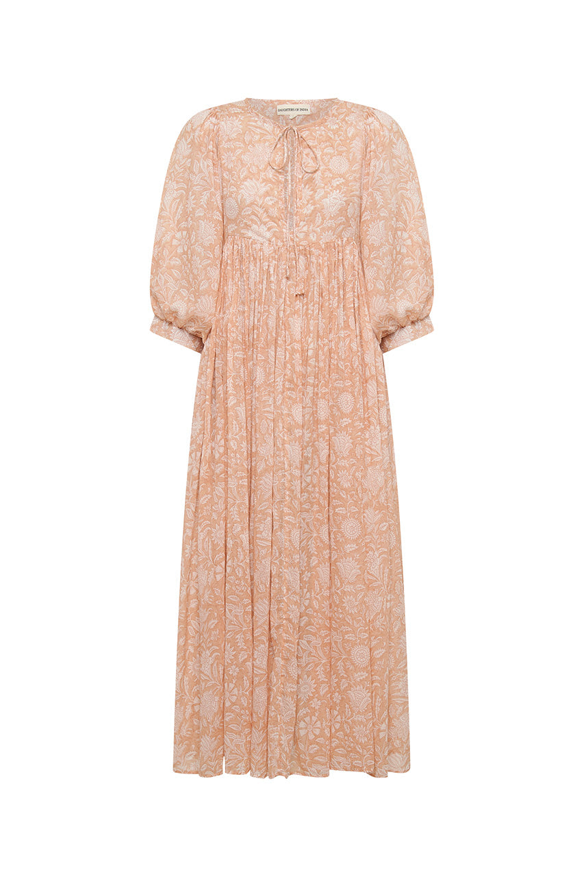Daughters of India Kyra Maxi Dress in Apricot Blush — flat lay showing V-neckline tie, billowed sleeves, hand screen print