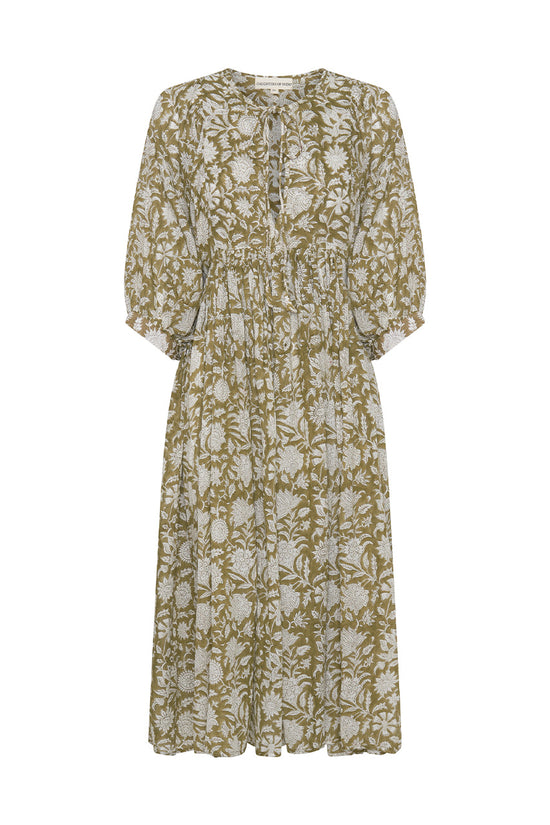 Daughters of India Kyra Midi Dress in Olive — flat lay showing neckline tie, billowed sleeves, hand screen print cotton