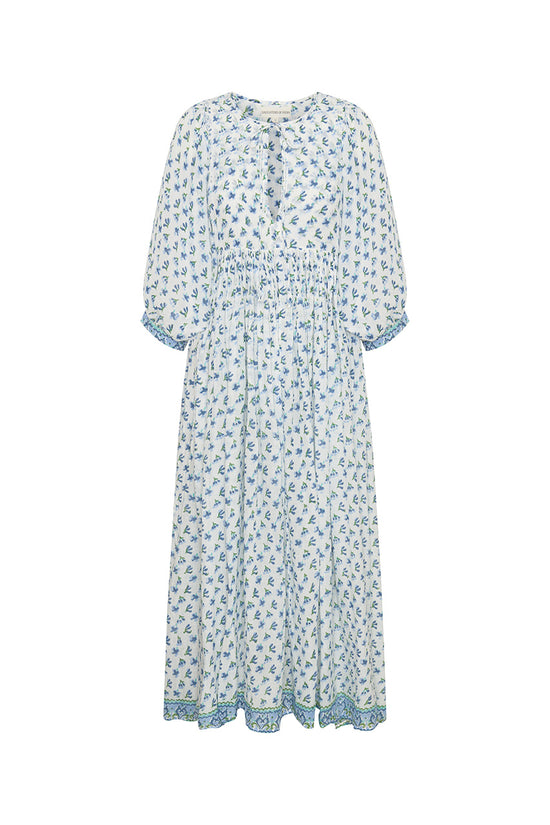 Daughters of India Kyra Maxi Dress in Azure — flat lay showing V-neckline tie, billowed sleeves, block print border hem