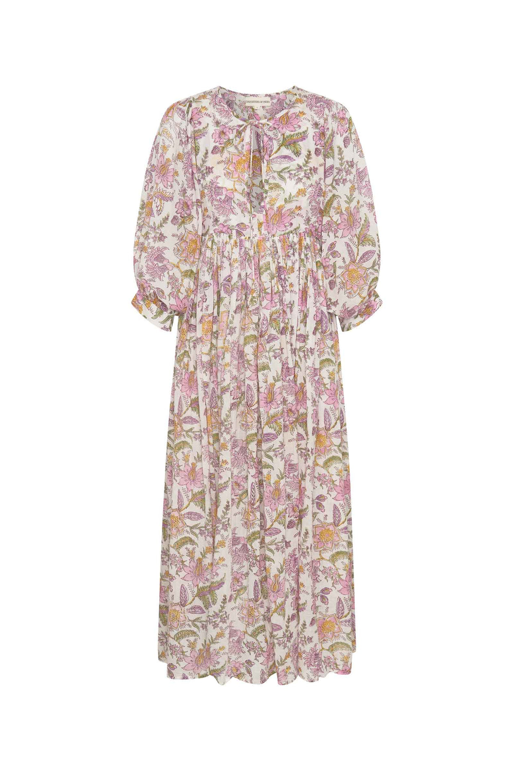 Daughters of India Kyra Maxi Dress in Fuchsia Bloom — flat lay showing neckline tie, billowed sleeves, hand screen print