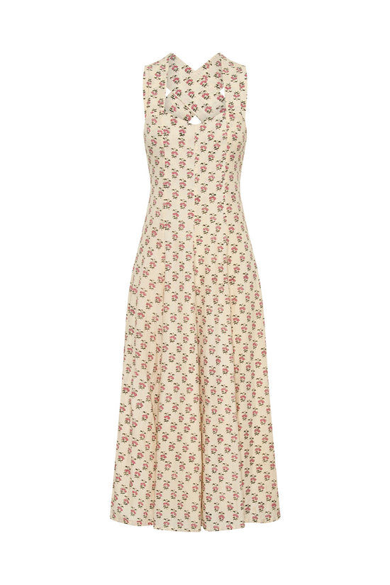 Lalika Dress Peony — ghost mannequin full length front view, peony hand block print cotton wrap dress with sweetheart neckline, wide straps and A-line midi skirt, cream with pink floral motifs, white background | Daughters of India