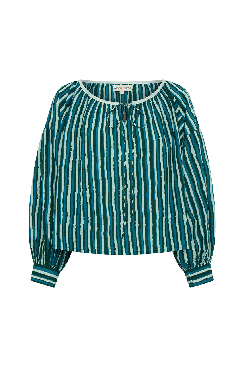 Ria Blouse Cyan Candy — ghost mannequin front view on white background, cyan and dark stripe hand block print cotton blouse showing full silhouette and gathered neckline, artisan Jaipur India | Daughters of India
