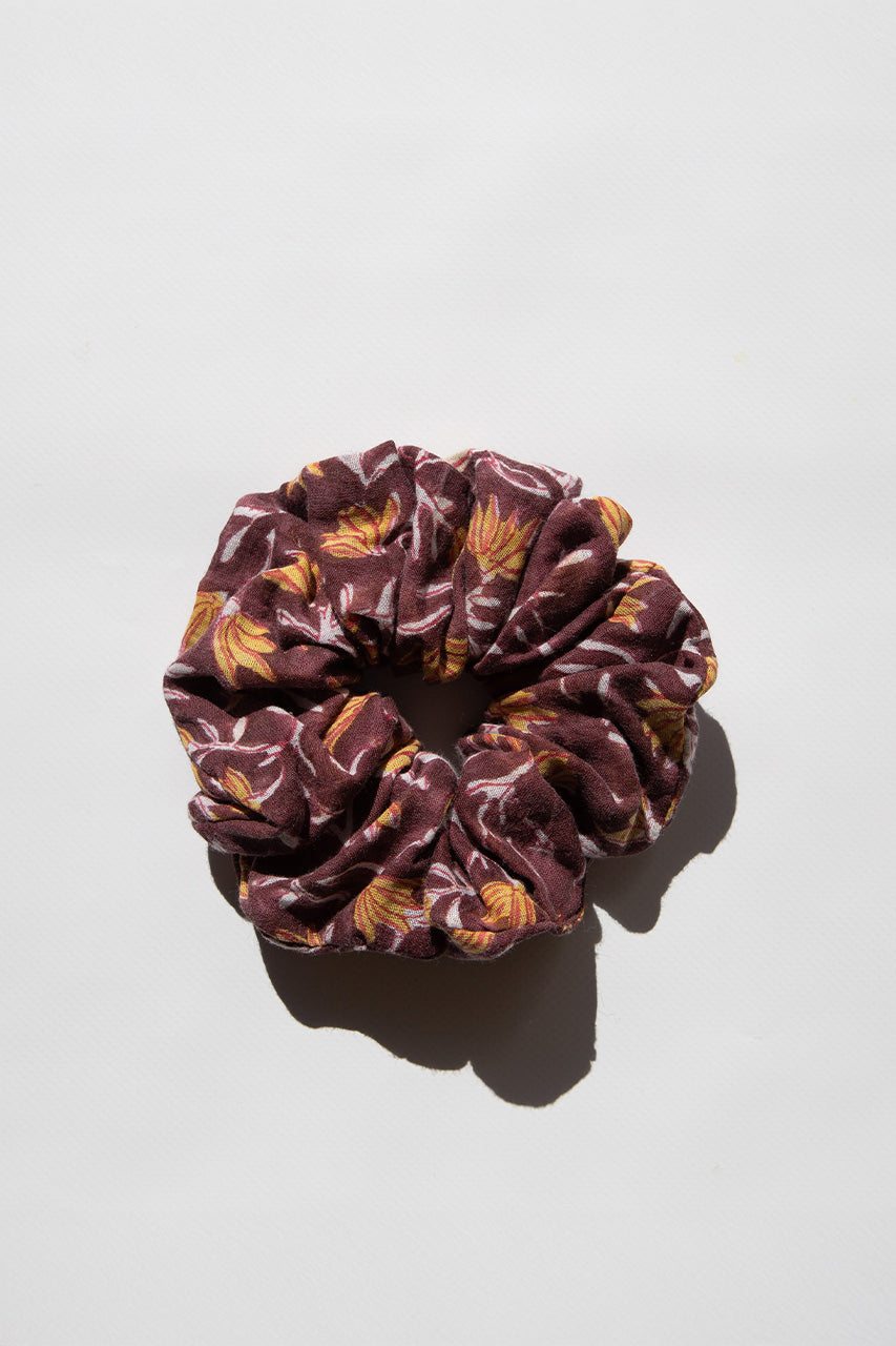 Daughters of India Upcycled Scrunchie in Sumac, a deep burgundy-purple hair scrunchie made from upcycled cotton fabric