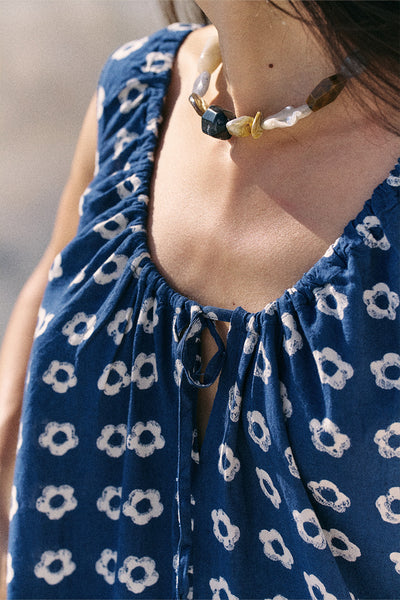 Sundress Mini Indigo — back keyhole detail close-up, hand block print daisy pattern indigo | Daughters of India