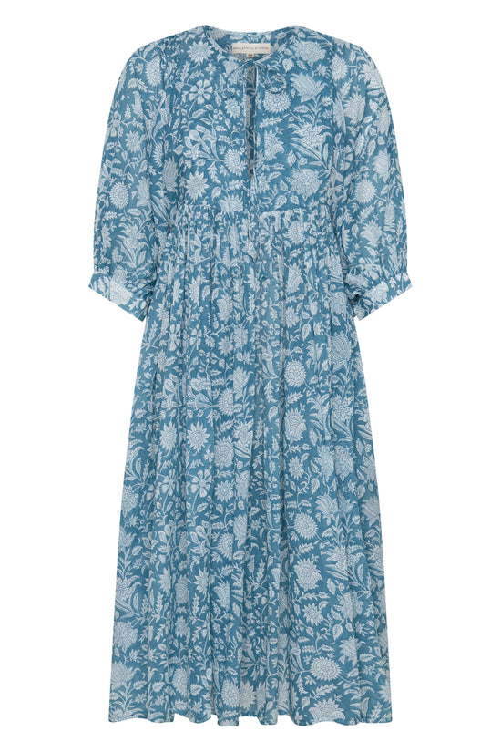 Daughters of India Kyra Midi Dress in Ocean Blue — flat lay showing neckline tie, billowed sleeves, hand screen print